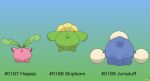 absurd_res ambiguous_gender artist_logo blue_body butt english_text flower generation_2_pokemon gradient_background green_body group hi_res hoppip jumpluff logo nintendo pichu90 pink_body plant pokemon pokemon_(species) simple_background skiploom tail text trio