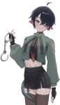  1boy absurdres ahoge alternate_legwear animal_ears arm_at_side black_gloves black_hair black_shorts brown_thighhighs closed_mouth cowboy_shot cropped_jacket cuffs ear_piercing fingerless_gloves genderswap genderswap_(ftm) gloves green_jacket green_tail grey_eyes hair_over_one_eye hand_up handcuffs highres holding holding_handcuffs jacket jane_doe_(zenless_zone_zero) john_doe_(zenless_zone_zero)_(scopeophilia) latteratar legs_together light_blush long_sleeves looking_to_the_side male_focus midriff mouse_ears mouse_tail navel one_eye_covered piercing puffy_long_sleeves puffy_sleeves rat_boy red_nails shorts simple_background smile solo standing tail tail_around_own_leg thighhighs trap white_background zenless_zone_zero 