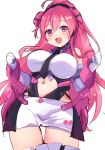  1girl bemani black_necktie breasts commentary_request dodotsuki elbow_gloves gloves highres large_breasts long_hair looking_at_viewer navel necktie pink_eyes pink_hair rasis simple_background skirt smile solo sound_voltex very_long_hair white_background white_gloves 