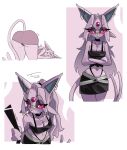 2026 alternative_fashion angry anthro bandage bandage_on_face bandage_on_nose belt belt_buckle big_butt big_ears black_clothing black_panties black_underwear blush bottomwear breasts buckle butt choker cleavage clothed clothing crop_top cross cross_necklace crossed_arms digital_drawing_(artwork) digital_media_(artwork) ear_piercing eeveelution espeon eyeshadow female female_anthro forehead_gem forked_tail fur gem generation_2_pokemon goth grey_clothing hair hi_res jewelry leaning leaning_forward long_hair lying makeup medium_breasts midriff miniskirt navel necklace nintendo on_front panties piercing pink_sclera pokemon pokemon_(species) pokemorph presenting presenting_hindquarters purple_body purple_fur purple_hair purple_inner_ear shirt skirt small_waist solo tail tenzionz thong_straps tied_hair topwear underwear unusual_anatomy unusual_tail upskirt