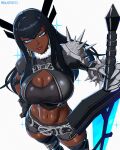  1girl absurdres alternate_skin_color armor artist_name black_gloves black_hair blue_eyes breasts cleavage closed_mouth commentary dark-skinned_female dark_skin darkened_skin earrings english_commentary fingerless_gloves gloves hand_on_own_hip highres holding holding_sword holding_weapon hoop_earrings jewelry large_breasts long_hair looking_at_viewer magik's_crown magik_(x-men) marvel marvel_tokon:_fighting_souls mika_dawn navel shoulder_armor shoulder_spikes single_fingerless_glove smile solo sparkle spikes sword variant_set weapon x-men 