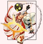  1girl 88junos ankh ankh_necklace artist_name ball_and_chain_restraint black_gloves bodysuit breasts closed_eyes commentary dorpos english_commentary full_body gloves grin guilty_gear guilty_gear_xrd highres jack-o'_valentine jewelry long_hair multicolored_hair necklace red_hair smile two-tone_hair white_bodysuit white_hair 