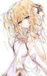  1girl :o alternate_hair_length_(longer) alternate_hairstyle armpits arms_up back_bow bare_shoulders black_gloves blonde_hair blush bow breasts commentary_request cowboy_shot detached_sleeves dress fingerless_gloves flower genshin_impact gloves gold_trim hair_between_eyes hair_flower hair_ornament highres holding_own_hair juliet_sleeves large_breasts long_hair long_sleeves looking_at_viewer lumine_(as_heaven_and_earth_are_made_anew)_(genshin_impact) lumine_(genshin_impact) official_alternate_costume open_mouth orange_eyes puffy_sleeves scarf sidelocks sleeveless sleeveless_dress solo standing wata_(watashi_j) white_bow white_dress white_flower white_scarf white_sleeves wide_sleeves 