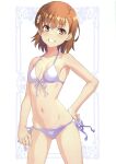  1girl absurdres asymmetrical_bangs bikini breasts brown_eyes brown_hair collarbone comiket_105 cover cover_page cowboy_shot doujin_cover grin hair_behind_ear hair_ornament hairclip halterneck hand_on_own_hip highres looking_at_viewer medium_hair misaka_mikoto navel parted_lips raika9 scan side-tie_bikini_bottom small_breasts smile solo stomach string_bikini swimsuit toaru_kagaku_no_railgun toaru_majutsu_no_index triangle_bikini_top white_bikini 