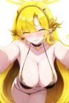  1girl bare_shoulders bikini black_bikini black_choker blonde_hair blush breasts choker cleavage closed_mouth collarbone commentary_request cowboy_shot dangle_earrings full_cleavage glowing halo halterneck highres hitsuki_(hitsuki_fundraw) large_breasts leaning_forward legs_together long_hair looking_at_viewer malefic_star_(maplestory) maplestory multi-strapped_bikini_bottom navel outstretched_arms pointy_ears reaching simple_background smile solo standing string_bikini swimsuit very_long_hair wet white_background yellow_eyes 