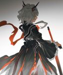  1girl absurdres arknights ascot black_dress black_snake crying dopperu_ben dragon_girl dragon_horns dragon_tail dress duke_kashchey_(arknights) facing_away gradient_background grey_background grey_hair highres holding holding_sword holding_weapon horns long_sleeves red_ascot red_eyes snake snake_wrapped_around_body solo sword tail talulah_(arknights) weapon white_background 