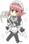  1girl alternate_costume apron artist_name black_bridal_gauntlets black_dress bridal_gauntlets chibi commentary_request dress feather_trim fire_emblem fire_emblem_fates flower flyer_27 full_body highres holding holding_staff juliet_sleeves long_sleeves looking_at_viewer maid maid_apron maid_headdress nohrian_maid_uniform pink_eyes pink_hair puffy_sleeves sakura_(fire_emblem) solo staff thighhighs white_background 
