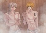  2boys arm_tattoo blonde_hair buraikan_(paradox_live) chest_tattoo commentary_request crossed_arms hand_tattoo highres kuzuryu_chisei male_focus multiple_boys naked_towel neck_tattoo paradox_live purple_eyes sauna shingu_haruomi short_hair shoulder_tattoo smile t4wzdbz4eoojvld tattoo topless_male towel white_hair yellow_eyes 