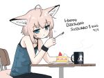  1girl animal_ears arknights black_choker black_pantyhose blue_eyes blue_shirt cake character_name chewing choker coffee_mug commentary cup dated eating food food_on_face fox_ears fox_girl fox_tail fruit grey_hair happy_birthday kamihine light_blush looking_at_viewer mug no_cape pantyhose plate rhodes_island_logo_(arknights) shirt simple_background sitting solo strawberry strawberry_shortcake sussurro_(arknights) table tail twitter_username white_background 
