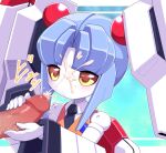  1boy 1girl black_necktie censored collared_shirt commentary_request crossover cum cum_on_body erection facial hair_bobbles hair_ornament handjob headgear hetero hoshino_ruri humanoid_robot joints kidou_senkan_nadesico long_sleeves mechanization medarot medarot_s mosaic_censoring motion_lines necktie no_mouth nollety parted_bangs penis projectile_cum purple_hair robot robot_ears robot_girl robot_joints shirt short_hair sound_effects vest white_shirt wide_sleeves yellow_eyes yellow_vest 