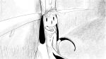 16:9 anthro canid canine canis clothing confusion domestic_dog dragonweirdo hallway handrail hat headgear headwear hi_res male mammal military_cap military_uniform monochrome puck_(dragonweirdo) sad sitting sitting_on_ground solo uniform widescreen