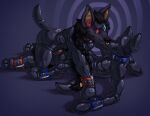 3_eyes a_guy_somewhere abstract_background all_fours ankle_cuffs anthro anthro_on_anthro anubian_jackal bdsm bdsm_gear bdsm_outfit black_clothing black_latex black_skinsuit blue_background bondage_gear bondage_gloves bulge canid canine canis clothing collar cuff_(restraint) drone drone_hood dronesuit duo eyes_closed facial_piercing gimp_mask gloves handwear hi_res jackal kiss_on_lips kissing latex latex_clothing latex_mask latex_skinsuit lying male male/male male_anthro mammal mask mitts multi_eye nose_piercing nose_ring null_bulge on_back piercing restraints ring_piercing sensory_deprivation sensory_deprivation_hood simple_background skinsuit tight_clothing wearing_mask wrist_cuffs