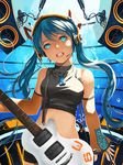  alternate_costume aqua_eyes aqua_hair bubble cowboy_shot crop_top detached_sleeves guitar hatsune_miku headset highres instrument left-handed long_hair looking_at_viewer midriff no_strings open_mouth rikkido shirt sling smile solo speaker taut_clothes taut_shirt twintails upside-down vocaloid water 