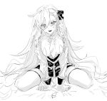  1girl between_breasts blush braid breasts clothes_between_breasts fate/grand_order fate_(series) hair_between_eyes hair_ribbon large_breasts long_hair long_sleeves monochrome necktie necktie_between_breasts ngg_n olga_marie_animusphere olga_marie_animusphere_(unbeast) ribbon sharp_teeth simple_background solo teeth very_long_hair white_background 