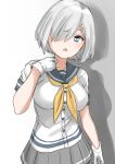  1girl 30-06 arm_at_side blue_eyes blue_sailor_collar breasts commentary cowboy_shot gloves grey_background grey_hair grey_skirt hair_ornament hairclip hamakaze_(kancolle) highres kantai_collection looking_at_viewer neckerchief pleated_skirt sailor_collar sailor_shirt school_uniform serafuku shirt short_hair simple_background skirt solo standing two-tone_background white_background white_gloves white_shirt yellow_neckerchief 