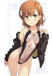  1girl absurdres ass_visible_through_thighs asymmetrical_bangs bare_shoulders black_jacket breasts brown_eyes brown_hair competition_swimsuit covered_navel hair_ornament hairclip highleg highleg_one-piece_swimsuit highres jacket looking_at_viewer medium_hair misaka_mikoto off_shoulder one-piece_swimsuit open_clothes open_jacket open_mouth raika9 scan school_emblem simple_background sleeves_past_wrists small_breasts solo swimsuit toaru_kagaku_no_railgun toaru_majutsu_no_index 