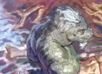 2026 anthro back_muscles beard bust_portrait detailed_background digital_drawing_(artwork) digital_media_(artwork) facial_hair green_body green_scales grey_beard grey_facial_hair grey_hair hair hi_res high-angle_view kingarthur_i looking_aside male male_anthro mouth_closed nude nude_anthro nude_male portrait scales scalie side_view sketch snout solo tail tail_ridge yellow_eyes