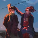  1boy 1other black_hair black_jacket black_pants blue_coat blush brown_coat brown_hair coat glasses hand_in_another's_hair hand_on_another's_head hange_zoe highres jacket kviuy_rs levi_(shingeki_no_kyojin) looking_at_another medium_hair open_mouth pants parted_bangs ponytail purple_scarf red_jacket red_pants red_track_suit scarf shingeki_no_kyojin short_hair sitting smile track_jacket track_pants track_suit 