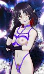  1girl 3d absurdres aura breasts dark_aura fang female_pubic_hair fingerless_gloves gloves highres meela_(the_wild_blue) mixed_media multicolored_hair nipples non-web_source pointy_ears pubic_hair purple_hair red_eyes red_hair self-upload solo the_wild_blue thong 