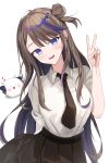  1girl :d absurdres airi_kanna arm_behind_back black_necktie black_skirt blue_eyes blue_hair blush breasts brown_hair collared_shirt commentary dress_shirt hair_bun hand_up head_tilt highres leaning_to_the_side long_hair looking_at_viewer medium_breasts multicolored_hair necktie open_mouth pleated_skirt scales_(airi_kanna) shirt shirt_tucked_in short_sleeves simple_background single_side_bun skirt smile solo stellive streaked_hair swept_bangs teeth tsuyu_(yzxx7825) upper_teeth_only v very_long_hair virtual_youtuber white_background white_shirt 