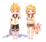  1girl blonde_hair blue_eyes bow brother_and_sister capelet hair_bow hair_ornament hairclip highres kagamine_len kagamine_rin looking_at_viewer midriff necktie open_mouth reki_(arequa) rubbing_eyes siblings simple_background sleepy stuffed_animal stuffed_bunny stuffed_toy tears vocaloid white_background yawning yellow_neckwear younger 