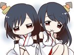  bare_shoulders black_hair chibi detached_sleeves epaulettes expressionless food fusou_(kantai_collection) hair_ornament japanese_clothes jitome kantai_collection long_hair multiple_girls nontraditional_miko oden primary_stage red_eyes short_hair smile yamashiro_(kantai_collection) 