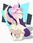 absurd_res anthro areola backsack balls bedroom_eyes big_areola big_balls big_breasts big_butt blotchy_areola bovid breasts butt canid canine caprine cellulite eveline_(narumaito) fangs feet fluffy fluffy_tail foot_focus fur genitals goat gynomorph hair hi_res horn huge_breasts huge_butt huge_thighs hybrid intersex kneeling mammal narrowed_eyes narumaito overweight overweight_gynomorph overweight_intersex pink_hair purple_body purple_fur purple_horn sagging_breasts scene_haircut seductive simple_background smile smirk solo tail teeth thick_thighs trans_(lore) trans_woman_(lore) white_body white_fur wide_hips