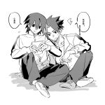  2boys absurdres aged_down black_eyes black_hair black_pants chinese_commentary chinese_text commentary_request false_memory greyscale guan_chao_(false_memory) guan_chao_(teenager)_(false_memory) hair_between_eyes hair_down handheld_game_console he_mingshuo high_collar highres holding holding_handheld_game_console jacket male_focus medium_hair monochrome multiple_boys niurougan_haoguia open_clothes open_jacket pants school_uniform shirt shoes simple_background sitting sleeves_rolled_up speech_bubble spiked_hair sweatdrop track_jacket translated white_background white_jacket white_shirt white_shoes 