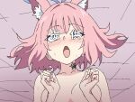  1girl animal_ear_fluff animal_ears blue_archive blue_eyes blush breasts censored completely_nude convenient_arm convenient_censoring fox_ears hands_up kaiser_pmc_corruption medium_breasts medium_hair momomatang neck_tattoo niko_(blue_archive) novelty_censor nude octopus_tattoo open_mouth pink_hair race_fetishism race_fetishism_parody race_fetishism_symbol rolling_eyes solo sponsorship_censoring tattoo upper_body 