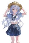  1girl absurdres adjusting_clothes adjusting_headwear alternate_costume angel_beats! blue_bow blue_bowtie blue_sailor_collar blue_skirt bow bowtie chinese_commentary closed_mouth commentary_request expressionless feet_out_of_frame hands_up hat highres long_hair looking_at_viewer midriff_peek ningmeng_zizi parted_bangs sailor_collar shirt simple_background skirt solo straw_hat tachibana_kanade very_long_hair white_background white_hair white_shirt yellow_eyes 