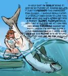 altcat animal_genitalia aquatic bite biting_lip blush cloaca clothing duo english_text eyewear female feral fish fisting genitals glasses great_white_shark hi_res human mackerel_shark mammal masturbation penetration profanity shark shirt snuff text topwear underwater water white_shark