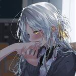  2girls amaori_renako artist_name black_shirt blush cardigan collared_shirt commentary english_commentary feet fingernails grey_cardigan grey_hair hair_ribbon holding_another's_foot icepotatoooo kissing_foot koyanagi_kaho long_hair multiple_girls open_cardigan open_clothes out_of_frame ribbon shirt solo_focus toenails toes undershirt watashi_ga_koibito_ni_nareru_wake_naijan_murimuri! white_shirt yellow_eyes yellow_ribbon yuri 