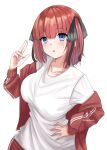  1girl black_ribbon blue_eyes blush blush_stickers breasts butterfly_hair_ornament collarbone commentary go-toubun_no_hanayome hair_ornament hair_ribbon hand_on_own_hip hand_up highres indonesian_commentary jacket jacket_partially_removed large_breasts long_sleeves looking_at_viewer medium_hair nakano_nino open_clothes open_jacket pants parted_lips red_hair ribbon shirt simple_background solo ssiapasaya sweatdrop t-shirt track_jacket track_pants track_suit white_background white_shirt 