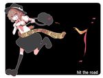  absurdres bag bow brown_eyes brown_hair caution_tape grin hair_ribbon hat highres keep_out nal_(naru-1) necktie ribbon short_hair skirt smile solo touhou usami_renko 