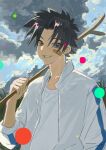  1boy absurdres bandaid bandaid_on_face black_eyes black_hair carrying_over_shoulder chinese_commentary cloud commentary_request corn_field false_memory he_mingshuo highres holding holding_stick jacket looking_at_viewer male_focus open_clothes open_jacket polka_dot shirt shushu_haochima sky sleeves_rolled_up smile solo spiked_hair stick upper_body white_jacket white_shirt 