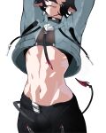  1boy absurdres animal_ears arms_up black_hair black_shirt black_shorts bulge commentary cowboy_shot crop_top cropped_jacket droopy_ears eyes_out_of_frame genderswap genderswap_(ftm) grey_jacket head_out_of_frame high-waist_shorts highres jacket jane_doe_(zenless_zone_zero) john_doe_(zenless_zone_zero)_(scopeophilia) male_focus mouse_ears mouse_girl navel parted_lips peachapples shirt shorts simple_background solo stomach stretching tail teeth untranslatable_commentary white_background zenless_zone_zero 