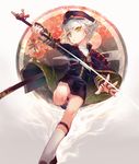  green_eyes hair_flaps hat hotarumaru looking_at_viewer male_focus momoshiki_tsubaki ootachi shorts silver_hair solo sword touken_ranbu weapon 