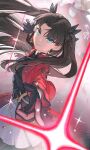  1boy 1girl absurdres archer_(fate) archer_(honkai:_star_rail)_(fate) black_gloves black_shirt black_thighhighs blue_eyes brown_hair commentary dark-skinned_male dark_skin earrings energy_beam fate/stay_night fate_(series) gem gloves highres honkai:_star_rail honkai_(series) hoop_earrings jacket jewelry long_hair matsuudesu pointing red_gem red_jacket rin's_pendant_(fate) shirt short_hair skirt solo_focus sparkle thighhighs tohsaka_rin tohsaka_rin_(honkai:_star_rail) two_side_up white_hair white_skirt 