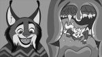 16:9 anthro black_and_white canada_lynx clothing disney domestic_cat duo epiglottis feedfancier felid feline felis fur hi_res imminent_vore inside_mouth long_ears looking_down lynx male mammal monochrome pawbert_lynxley pointy_ears reverse_mouth_shot sharp_teeth sweater teeth tongue topwear uvula widescreen zootopia