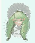  1girl absurdres bonnet commentary_request cropped_shoulders drill_hair fire_emblem fire_emblem:_three_houses flayn_(fire_emblem) green_eyes green_hair hair_ornament highres long_hair looking_at_viewer manasuke_(_ninoninini) parted_lips simple_background smile solo twin_drills 