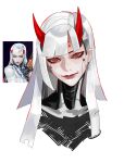  1girl android blunt_bangs commentary cropped_shoulders earrings glowing glowing_eyes highres horns jewelry lips negative_space omnic overwatch pinpakpom46 portrait red_eyes red_horns reference_inset shion_(overwatch) simple_background skin_seams solo tsurime white_hair 