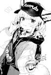  1girl animal_ears arknights baseball_cap braid cellphone collarbone commentary_request cross cross_necklace dated dutch_angle earbuds earphones earphones_removed fanny_pack fox_ears fox_girl fox_tail greyscale hand_up hat highres holding holding_earphones holding_phone hood hood_down jacket jacket_over_hoodie jewelry listening_to_music long_sleeves looking_at_viewer medium_hair monochrome narucchii necklace notice_lines open_clothes open_jacket phone signature simple_background single_braid single_earphone_removed smartphone smile solo sussurro_(arknights) sussurro_(travel_freely)_(arknights) tail white_background 