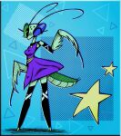 antennae_(anatomy) anthro arthropod arthropod_abdomen breasts cerci_(anatomy) choker clothed_breasts clothing dress exoskeleton eyelashes eyeshadow female footless_legwear geometric_background gesture green_body green_exoskeleton green_eyes imakawaiifox insect jewelry legwear makeup mantis necklace nonbinary_(lore) ocelli one_eye_closed purple_clothing purple_dress raptorial_(anatomy) simple_background solo standing star_polygon stockings tessa_(bugsbugs24) thigh_highs trans_(lore) waving wink