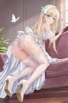  1girl artist_name ass bare_shoulders blonde_hair bug butterfly chinese_commentary closed_mouth commentary_request couch detached_sleeves dress from_behind full_body green_eyes heart high_heels highres indoors legs lexington_(warship_girls_r) long_hair looking_at_viewer on_couch panties see-through_clothes see-through_sleeves shoes short_sleeves solo thighhighs thighs underwear warship_girls_r white_butterfly white_dress white_hair white_panties white_shoes white_sleeves white_thighhighs xnnagu 