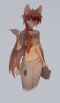 2d10 anthro band-aid bandage bat bat_wings belly big_ears book bottomwear choker clothed clothing collarbone eyewear female fully_clothed glasses grey_eyes hair hi_res jewelry long_hair mammal markings membrane_(anatomy) membranous_wings navel necklace pencil_(object) pink_nose red_hair short_tail simple_background slim solo tail tan_body topwear winged_arms wings
