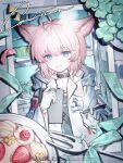  1girl ahoge animal_ear_fluff animal_ears arknights artist_request black_choker blue_eyes cake chinese_commentary choker clipboard closed_mouth clover commentary_request commission film_grain flask food fork four-leaf_clover fox_ears fox_girl fruit gloves hand_up heavy_film_grain highres holding holding_clipboard indoors looking_at_viewer material_growth oripathy_lesion_(arknights) photo_(object) pink_hair plate sample_watermark second-party_source short_hair smile solo strawberry strawberry_slice sussurro_(arknights) upper_body watermark white_gloves 