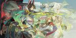  3girls 5boys absurdres alhaitham_(genshin_impact) animal_ears aqua_eyes baizhu_(genshin_impact) black_gloves black_hair black_hoodie blonde_hair bow_(weapon) brown_hair cape changsheng_(genshin_impact) commentary_request crop_top dress emilie_(genshin_impact) fingerless_gloves fox_ears genshin_impact gloves gold_trim green_hair green_hat grey_hair hair_between_eyes hair_ornament hat highres holding holding_bow_(weapon) holding_polearm holding_weapon hood hoodie jacket kaveh_(genshin_impact) kinich_(genshin_impact) kirara_(cat)_(genshin_impact) kirara_(genshin_impact) leaf_hair_ornament long_hair midriff multicolored_hair multiple_boys multiple_girls nahida_(genshin_impact) navel polearm red_cape red_eyes shirt short_hair snake streaked_hair tighnari_(genshin_impact) vision_(genshin_impact) weapon white_dress white_hair white_shirt yandee233 yaoyao_(genshin_impact) 