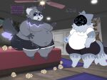 3d_(artwork) 3d_background 4:3 ambiguous_gender anthro bed bedroom belly belly_fur belly_grab big_belly big_butt black_bottomwear black_clothing black_shorts blue_body blue_fur blush blush_lines bodily_fluids bottomwear burping butt canid canine clothing colored digital_media_(artwork) dom_(domlol) domlol duo fox fur furniture glowing glowing_body glowing_fur grey_body grey_fur hi_res machine male male/ambiguous mammal mixed_media moobs motion_lines neck_tuft on_bed onomatopoeia overweight protogen rumbling_stomach shirt shorts sitting sitting_on_bed sound_effects sweat tail tail_motion tailwag text text_box topwear torn_clothing tuft white_clothing white_shirt white_topwear wrapper