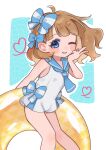  1girl ahoge blue_neckerchief blue_ribbon blue_sailor_collar blunt_bangs blush_stickers brown_hair chiyuri_(hryx2477) commentary_request dot_nose eyelashes feet_out_of_frame flat_chest floating_hair grin hair_ribbon hand_up heart highres holding holding_swim_ring idolmaster idolmaster_million_live! idolmaster_million_live!_theater_days innertube knees_together_feet_apart leaning_forward looking_at_viewer medium_hair neckerchief one-piece_swimsuit one_eye_closed ribbon sailor_collar sailor_one-piece_swimsuit sailor_swimsuit_(idolmaster) smile solo standing suou_momoko swim_ring swimsuit v wavy_hair 