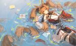  1girl angelina_(arknights) angelina_the_mellow_wish_(arknights) animal_ear_fluff animal_ears arknights artist_name bare_shoulders black_collar black_hairband black_thighhighs collar commentary_request detached_sleeves dot_nose double-parted_bangs dress earpiece fox_ears fox_girl hair_between_eyes hair_spread_out hairband highres holding holding_letter infection_monitor_(arknights) letter long_hair looking_at_viewer luna_ming lying material_growth on_back oripathy_lesion_(arknights) partially_submerged pleated_dress smile solo thighhighs twintails very_long_hair water wet white_dress 